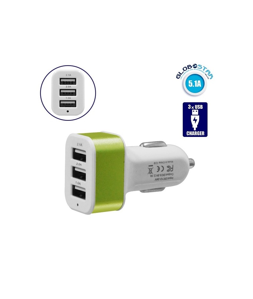 GloboStar® 115113 Φορτιστής Αναπτήρα Αυτοκινήτου Φόρτισης 5V με 3xUSB Θύρες Max 2.1A Λευκό - Πράσινο